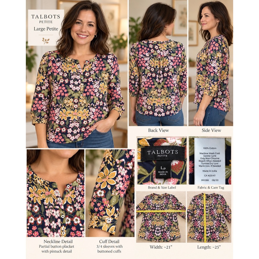 Talbots Petite Large Navy Floral Pintuck Blouse 3/4 Sleeve Cottagecore Boho